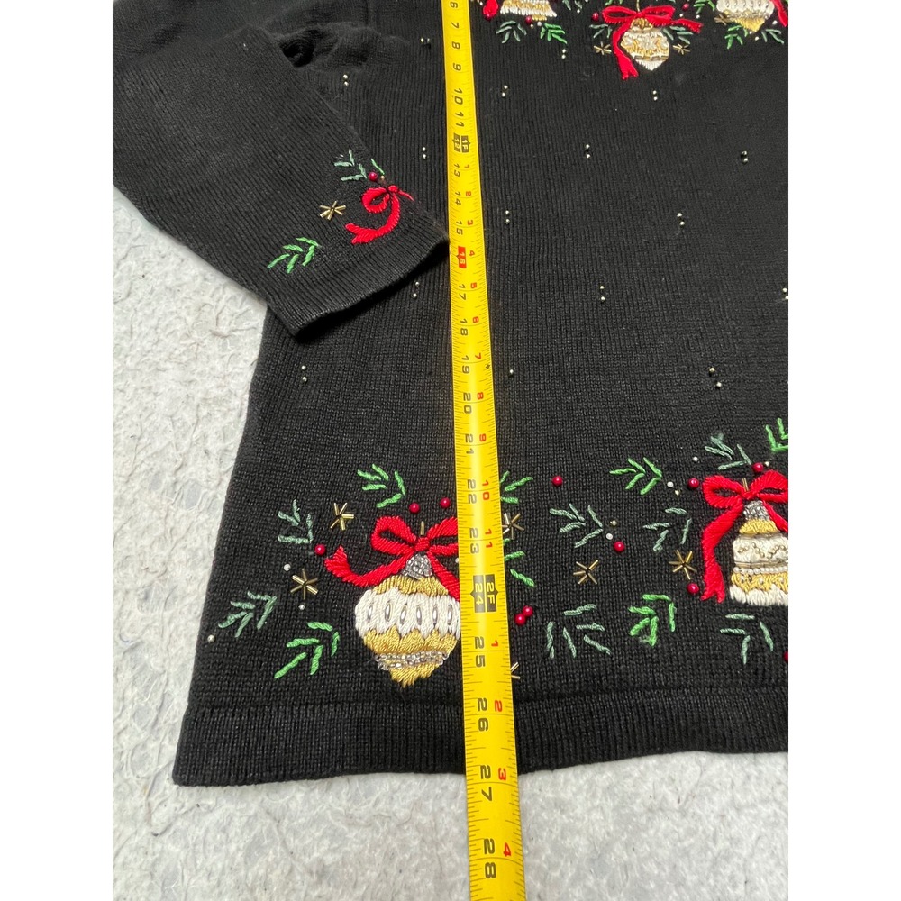 Victoria‎ Jones Vintage Christmas Sweater Black Embroidered Ornaments Beaded LG - Picture 2 of 5